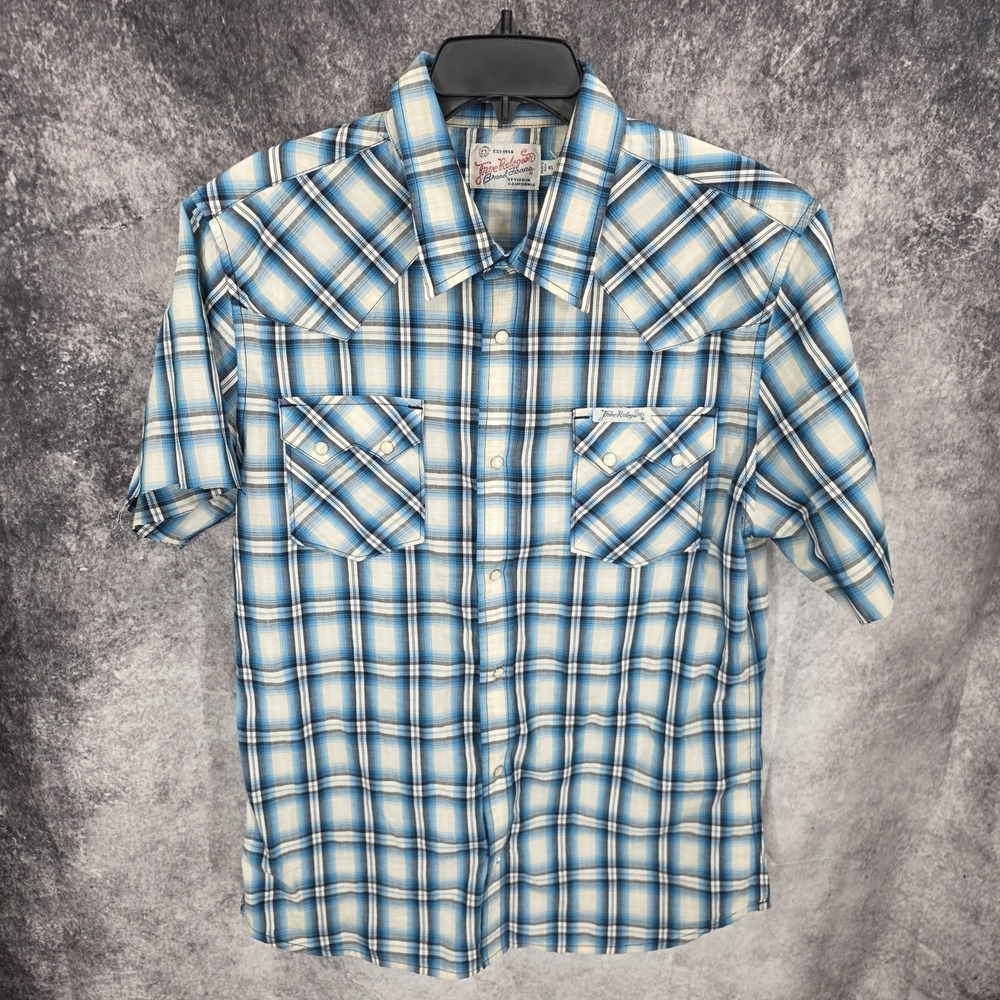 True Religion Western Shirt Mens XL Blue Plaid Pearl Snap Cowboy Rodeo Sawtooth*